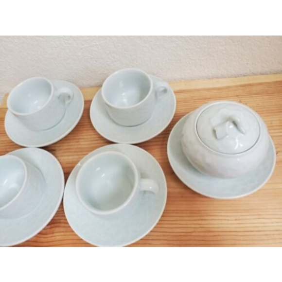 10 Piece Tea Cups Saucers Creamer‎ Set Chinese Pale Green Textured Floral - Picture 10 of 10